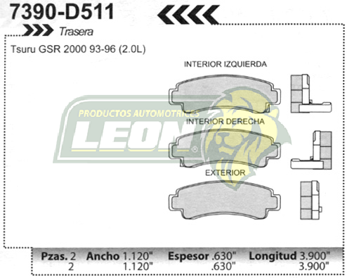 BALATA F.D. TSURU 2000 93-96, SENTRA 2.0L, LUCINO 96-00 (TRASERA T/MODELOS)