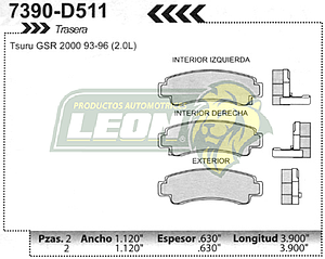 BALATA F.D. TSURU 2000 93-96, SENTRA 2.0L, LUCINO 96-00 (TRASERA T/MODELOS)