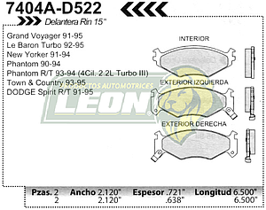 BALATA F.D. LeBARON TURBO 92-95, PHANTOM 90-94, SPIRIT R/T RIN 15” 91-95, TOWN & COUNTRY 93-94 (OPCIONAL), VOYAGER Y GRAND VOYAGER 91-94 (OPCIONAL), NEW YORKER 91-94