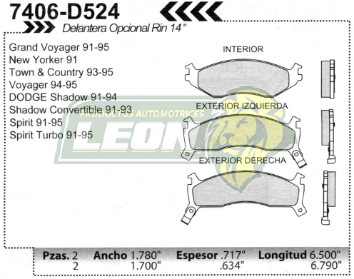 BALATA F.D. SHADOW 91-94, SPIRIT, TURBO RIN 14” 91-95, TOWN & COUNTRY 93-95, VOYAGER, GRAND VOYAGER 91-95, NEW YORKER 91