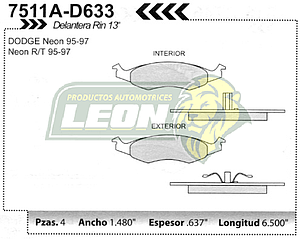 BALATA F.D. DODGE NEON RIN 13”, R/T 94-98 R.D.
