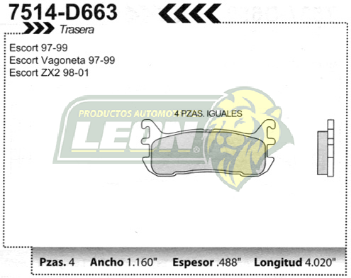 BALATA F.D. ESCORT SEDAN Y GUAYIN 97-00 (OPCIONAL TRASERA), ZX2 98-00