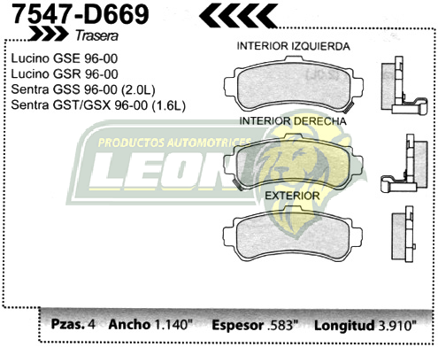 BALATA F.D. LUCINO 96-00, SENTRA 2.0L 96-01 (TRASERA)