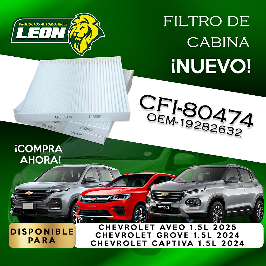 FILTRO DE CABINA G.M. AVEO 1.5L 2025, GROOVE 1.5L 2024, CAPTIVA 1.5L 2024