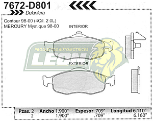 BALATA F.D. FORD CONTOUR 99 (OPC.), MYSTIQUE 99-01 (OPC.) DELANTERA