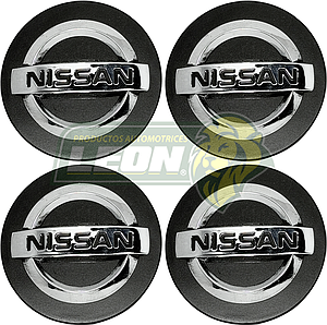 TAPONES DE RIN CENTRO Ø: 54 mm NISSAN VERSA, TIIDA, SENTRA 00-12, MICRA, MAXIMA, ALTIMA, MURANO, ROGUE, QUEST, 370Z (NEGRO-CROMO) (JGO. c/4 pz.)