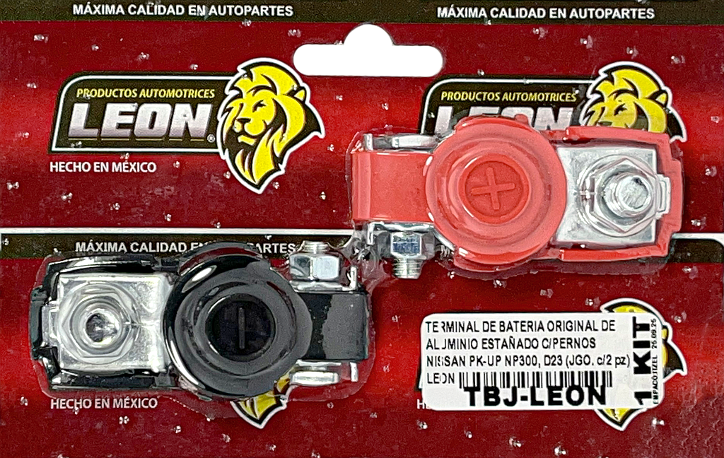 TERMINAL DE BATERIA ORIGINAL DE ALUMINIO ESTAÑADO C/PERNOS NISSAN PK-UP NP300, D23 (JGO. c/2 pz) LEON