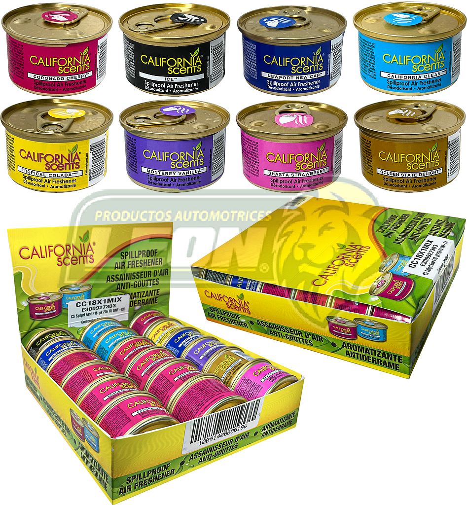 DESODORANTE "CALIFORNIA SCENTS" EN LATA (CHERRY, ICE, NEW CAR, CLEAN, BREEZE, TROPICAL, VANILLA, STRAWBERRY, GOLDEN) CONT. 42 g. 1.5 oz.