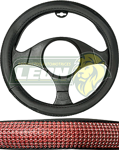 FUNDA P/VOLANTE NEGRA CON PEDRERIA T/DIAMANTE ROJO, MEDIANA 38 cm.