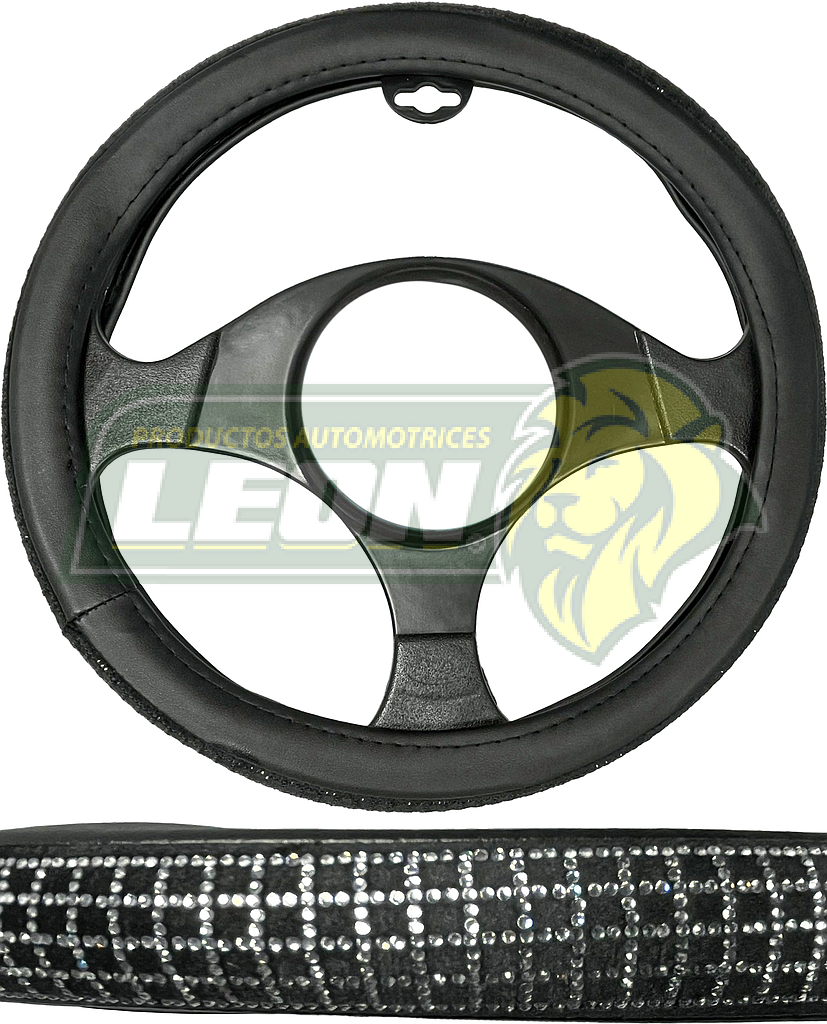 FUNDA P/VOLANTE NEGRA CON PEDRERIA T/DIAMANTE EN CUADRO BLANCO, MEDIANA 38 cm.