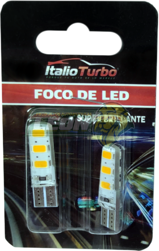 FOCO PELLIZCO 12V 6 LED 5630 T10 C/RECUBRIMIENTO DE GEL (AMBAR) (JGO. c/2 pz.)
