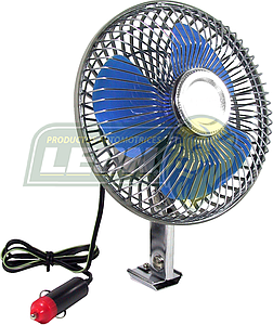 VENTILADOR PLASTICO OSCILATORIO 6” C/ADAPTADOR P/ENCENDEDOR 12V CROMADO ASPAS AZULES (VE-6P) = FAN13506SP