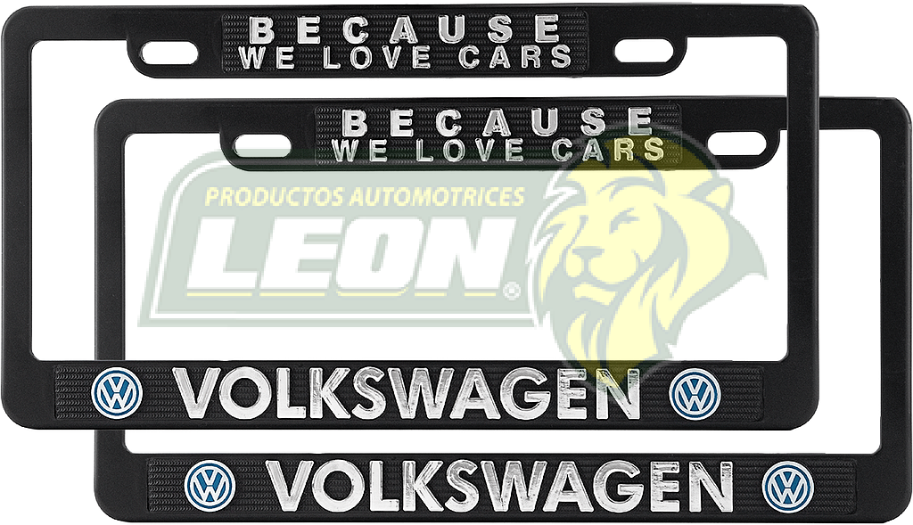 PORTAPLACAS NEGRAS GRABADAS VOLKSWAGEN "BECAUSE WE LOVE CARS" LETRAS CROMADAS  (JGO. c/2 pzas.)