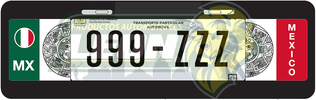 PORTAPLACA NEGRA T/EUROPEO C/BANDERA MEXICO-18 CALENDARIO AZTECA EN LOS COSTADOS =PPE-MEXICO (X PIEZA)