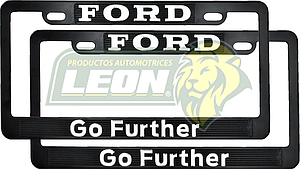 PORTAPLACAS NEGRAS GRABADAS FORD LETRAS CROMADAS (JGO. c/2 pzas.)