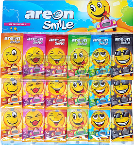 AROMATIZANTE AREON EMOJI DRY SMILE PLANILLA C/36 SOBRES CHICLE, NO SMOKING, TUTTI FRUTTI, FRESH AIR, BLACK CRYSTAL, BUBBLE GUM, VAINILLA = PANACD36T