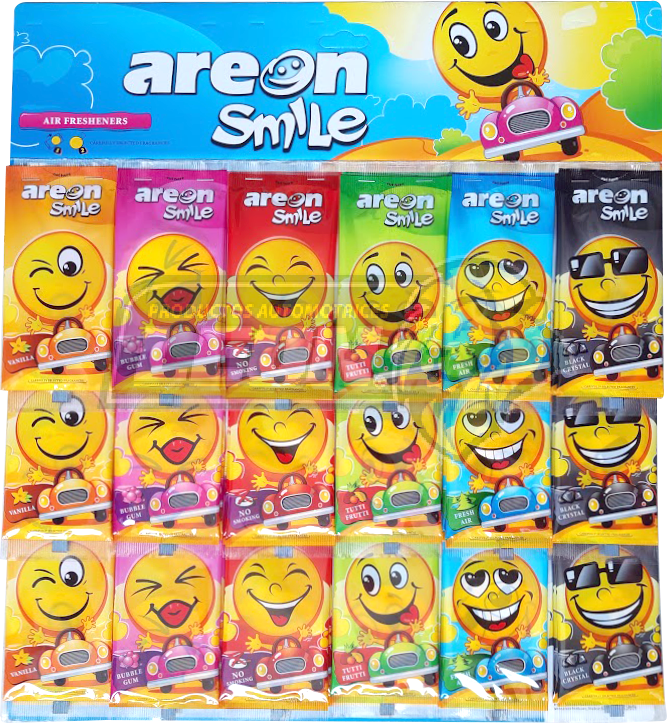 AROMATIZANTE AREON EMOJI DRY SMILE PLANILLA C/36 SOBRES CHICLE, NO SMOKING, TUTTI FRUTTI, FRESH AIR, BLACK CRYSTAL, BUBBLE GUM, VAINILLA = PANACD36T