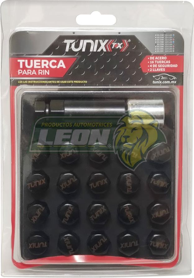 JUEGO DE 16 TUERCAS 12X1.5 NEGRO CON 4 SEGUROS DE RIN Y 1 LLAVE TUNIX