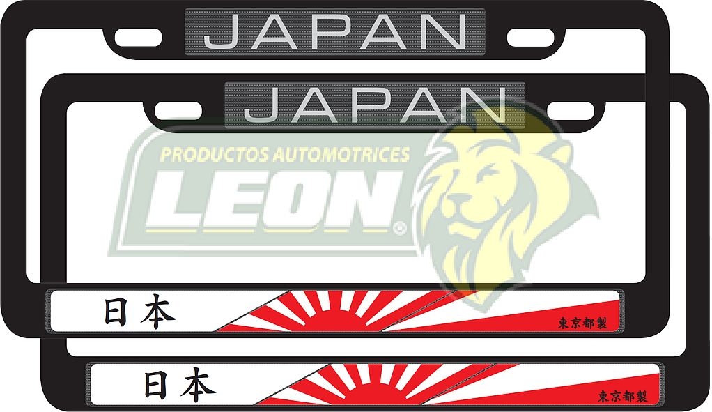 PORTAPLACAS NEGRAS LETRAS REALZADAS CROMADA C/IMPRESIÓN BANDERA JAPON EN HOT STAMPING POLIESTIRENO (JGO. c/2 pzas.)