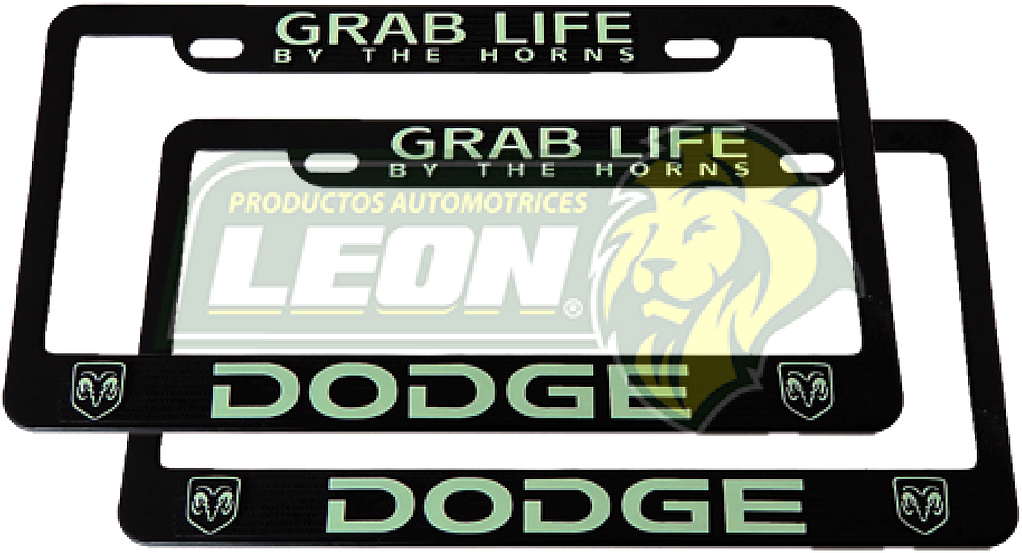 PORTAPLACAS NEGRAS GRABADAS DODGE LETRAS FLUORESCENTES (JGO. c/2 pzas.)