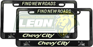 PORTAPLACAS NEGRAS GRABADAS CHEVY LETRAS FLUORESCENTES (JGO. c/2 pzas.)