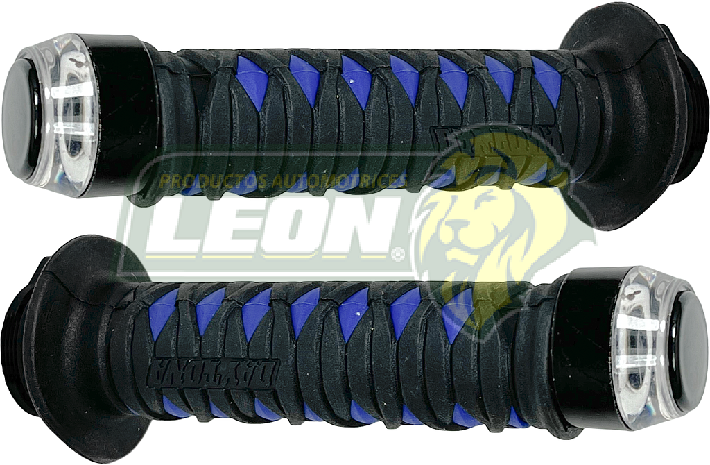 PUÑO PARA MANUBRIO CUBIERTA DE HULE TIPO KATANA AZUL C/LUZ BLANCA Y DIRECCIONAL AMBAR (JGO. c/2 pz)