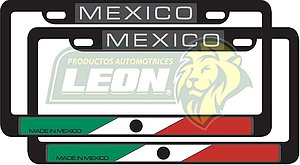 PORTAPLACAS NEGRAS LETRAS REALZADAS CROMADA C/IMPRESIÓN BANDERA MÉXICO EN HOT STAMPING POLIESTIRENO (JGO. c/2 pzas.)