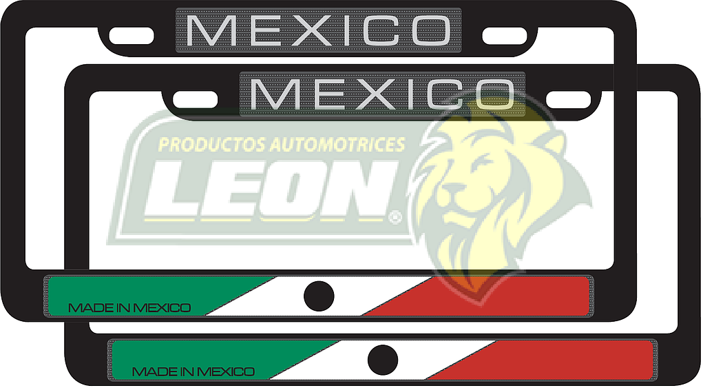 PORTAPLACAS NEGRAS LETRAS REALZADAS CROMADA C/IMPRESIÓN BANDERA MÉXICO EN HOT STAMPING POLIESTIRENO (JGO. c/2 pzas.)