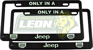 PORTAPLACAS NEGRAS GRABADAS JEEP LETRAS FLUORESCENTES (JGO. c/2 pzas.)