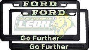 PORTAPLACAS NEGRAS GRABADAS FORD LETRAS FLUORESCENTES (JGO. c/2 pzas.)