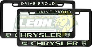 PORTAPLACAS NEGRAS GRABADAS CHRYSLER LETRAS FLUORESCENTES (JGO. c/2 pzas.)