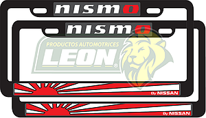 PORTAPLACAS NEGRAS LETRAS REALZADAS CROMADA C/IMPRESIÓN BANDERA NISMO EN HOT STAMPING POLIESTIRENO (JGO. c/2 pzas.)