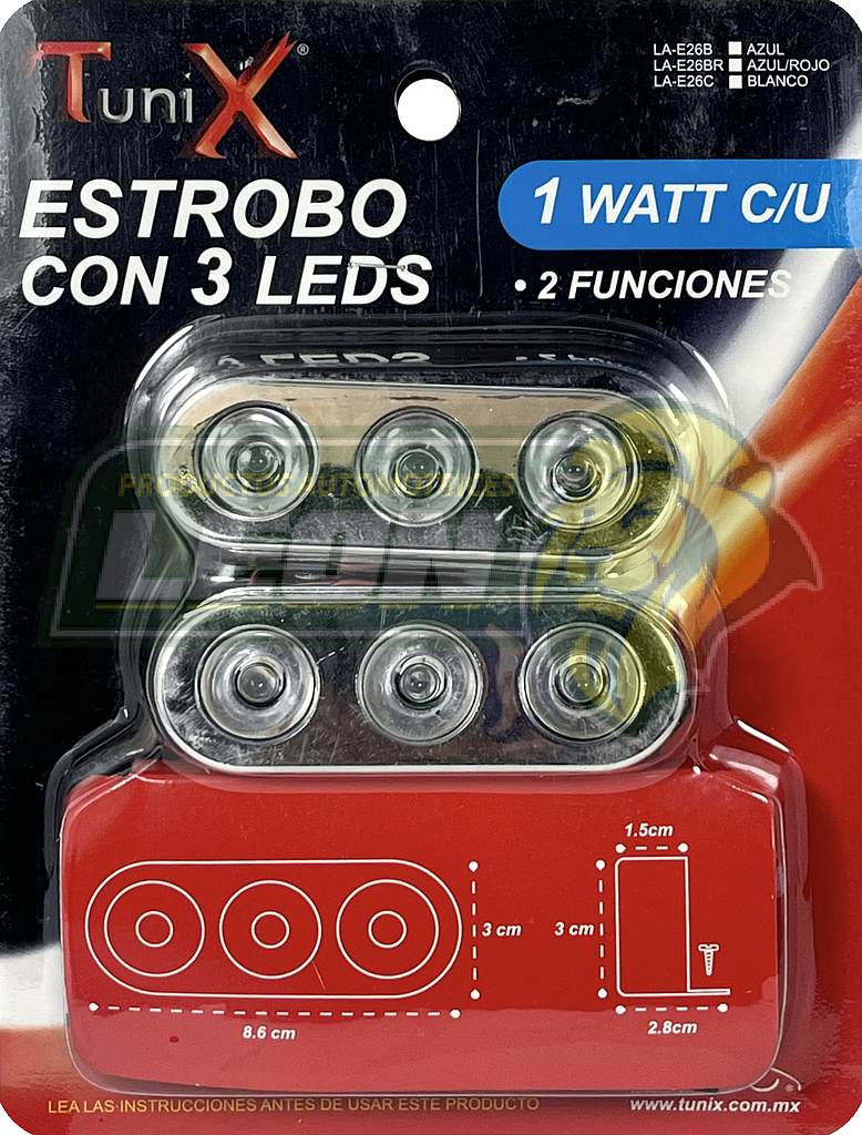 ESTROBO CON 3 LEDS 1W 2 FUNCIONES AZUL (JGO. c/2 pzas.)