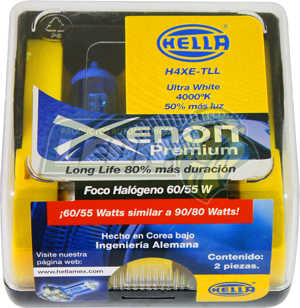 FOCO H4 12V 60/55W (ULTRA WHITE 4000°K 50% MÁS LUZ) (ESTUCHE JGO. c/2 pz.)