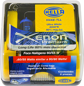 FOCO H4 12V 60/55W (ULTRA WHITE 4000°K 50% MÁS LUZ) (ESTUCHE JGO. c/2 pz.)