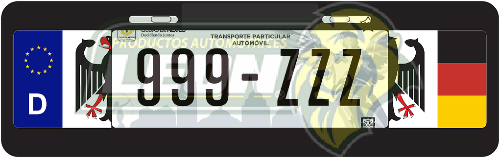PORTAPLACA NEGRA T/EUROPEO C/BANDERA ALEMANIA-17 AGUILA MOCHA EN LOS COSTADOS = PPE-ALEM (X PIEZA)