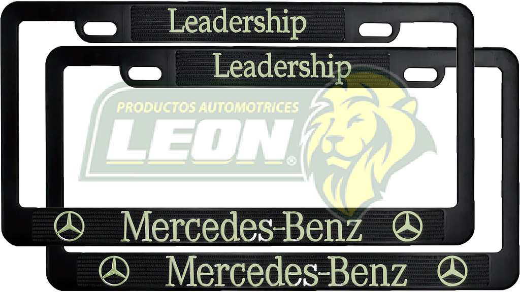PORTAPLACAS NEGRAS GRABADAS MERCEDES BENZ LETRAS FLUORESCENTES (JGO. c/2 pzas.)