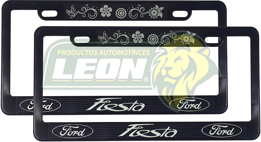 PORTAPLACAS NEGRAS GRABADAS FORD FIESTA / FLORES LETRAS FLUORESCENTES (JGO. c/2 pzas.)