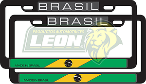 PORTAPLACAS NEGRAS LETRAS REALZADAS CROMADA C/IMPRESIÓN BANDERA BRASIL EN HOT STAMPING POLIESTIRENO (JGO. c/2 pzas.)