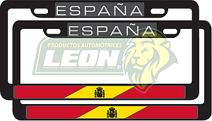 PORTAPLACAS NEGRAS LETRAS REALZADAS CROMADA C/IMPRESIÓN BANDERA ESPAÑA EN HOT STAMPING POLIESTIRENO (JGO. c/2 pzas.)