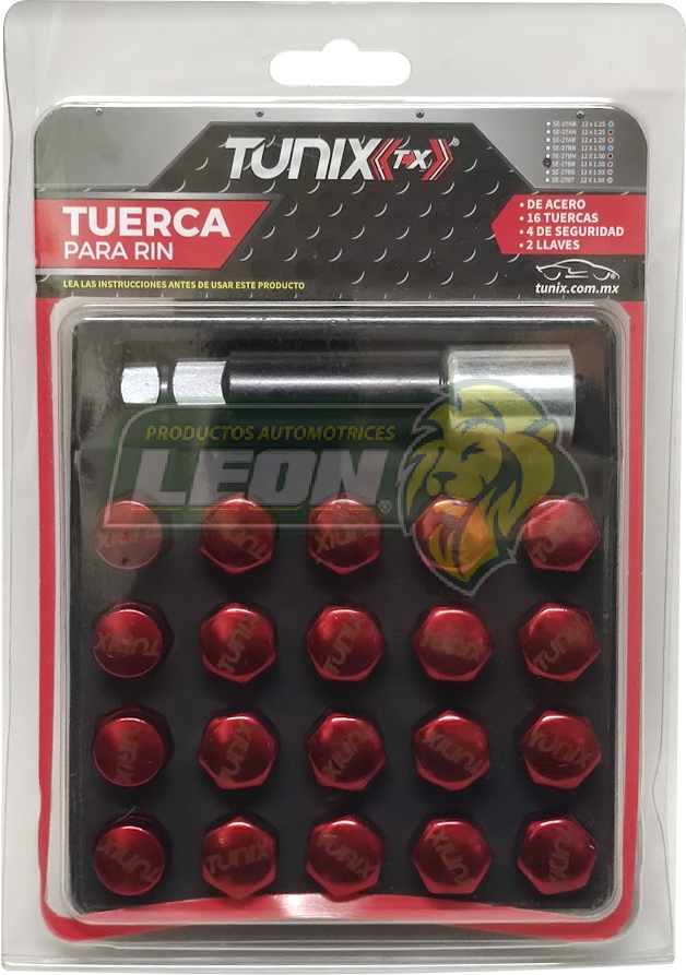 JUEGO DE 16 TUERCAS 12X1.5 ROJO CON 4 SEGUROS DE RIN Y 1 LLAVE TUNIX