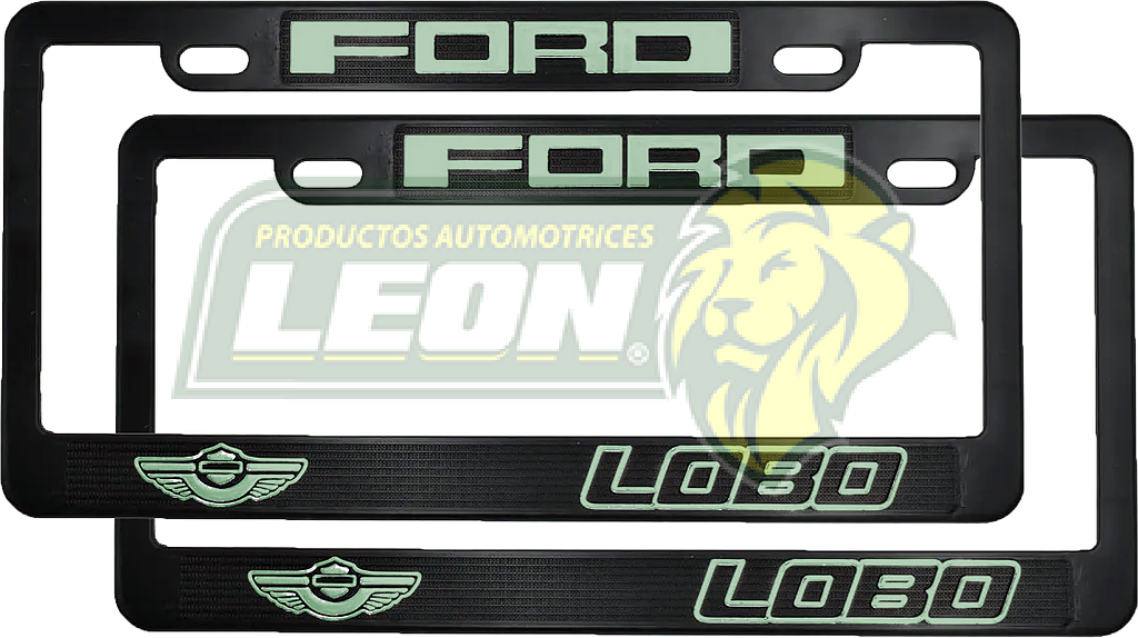 PORTAPLACAS NEGRAS GRABADAS FORD LOBO LETRAS FLUORESCENTES (JGO. c/2 pzas.)