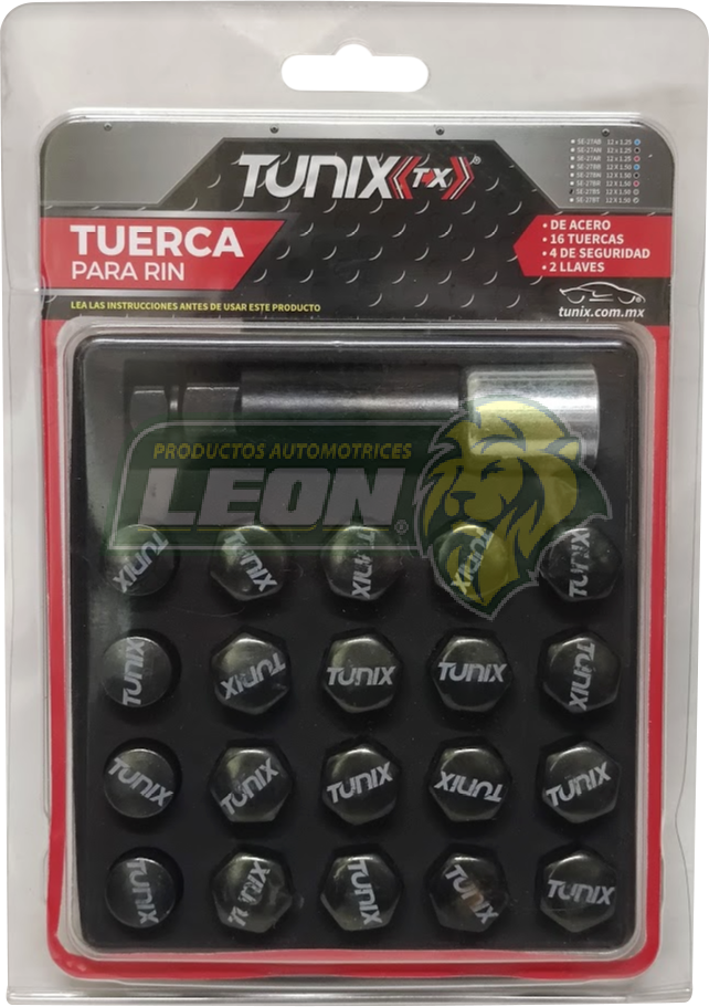 JUEGO DE 16 TUERCAS 12X1.5 GRIS TITANIO CON 4 SEGUROS DE RIN Y 1 LLAVE TUNIX