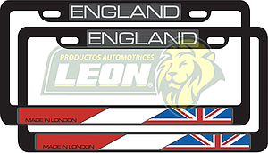 PORTAPLACAS NEGRAS LETRAS REALZADAS CROMADA C/IMPRESIÓN BANDERA INGLATERRA EN HOT STAMPING POLIESTIRENO (JGO. c/2 pzas.)