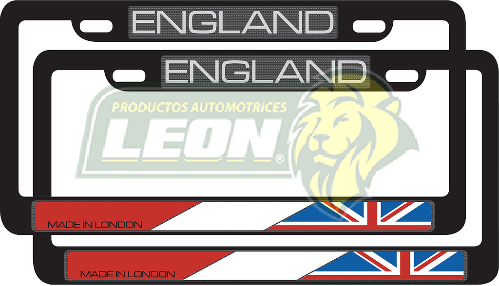 PORTAPLACAS NEGRAS LETRAS REALZADAS CROMADA C/IMPRESIÓN BANDERA INGLATERRA EN HOT STAMPING POLIESTIRENO (JGO. c/2 pzas.)