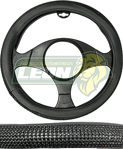 FUNDA P/VOLANTE NEGRA CON PEDRERIA T/DIAMANTE NEGRO, MEDIANA 38 cm.