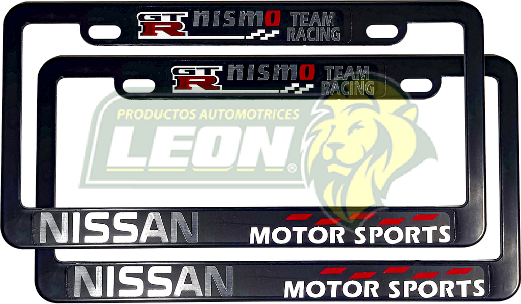 PORTAPLACAS NEGRAS UNIVERSAL C/STICKER NISMO NISSAN TEAM RACING NACIONAL (JGO c/2 pz.)