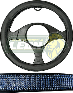 FUNDA P/VOLANTE NEGRA CON PEDRERIA T/DIAMANTE AZUL, MEDIANA 38 cm.