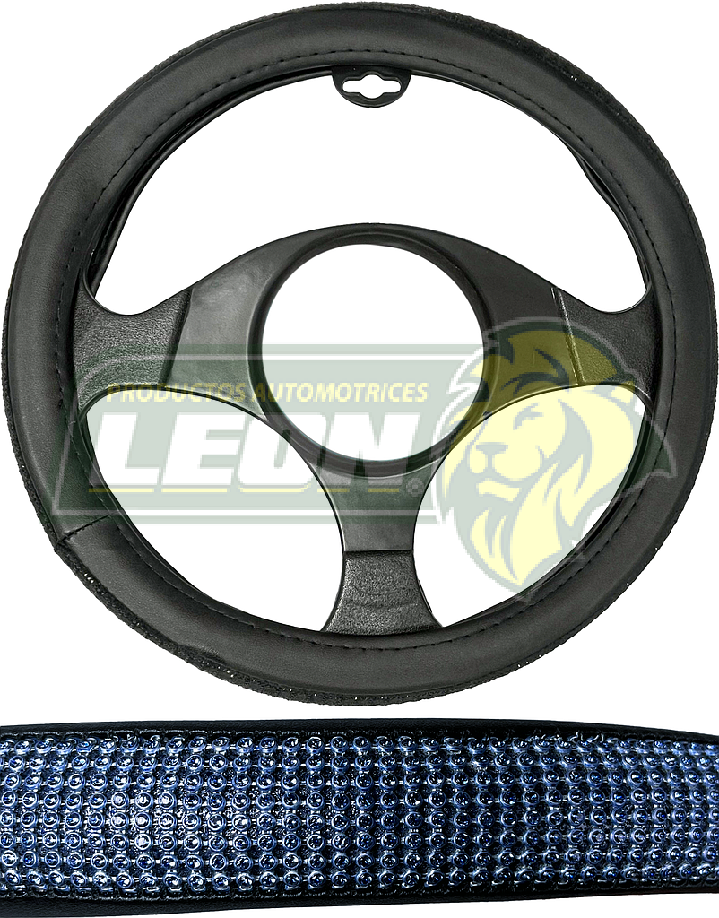 FUNDA P/VOLANTE NEGRA CON PEDRERIA T/DIAMANTE AZUL, MEDIANA 38 cm.