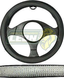 FUNDA P/VOLANTE NEGRA CON PEDRERIA T/DIAMANTE BLANCO, MEDIANA 38 cm.